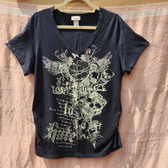 True Y2K Vintage Gothcore Black Skull Hearts Fairygoth T-Shirt Women's 2XL USA - Picture 5 of 5